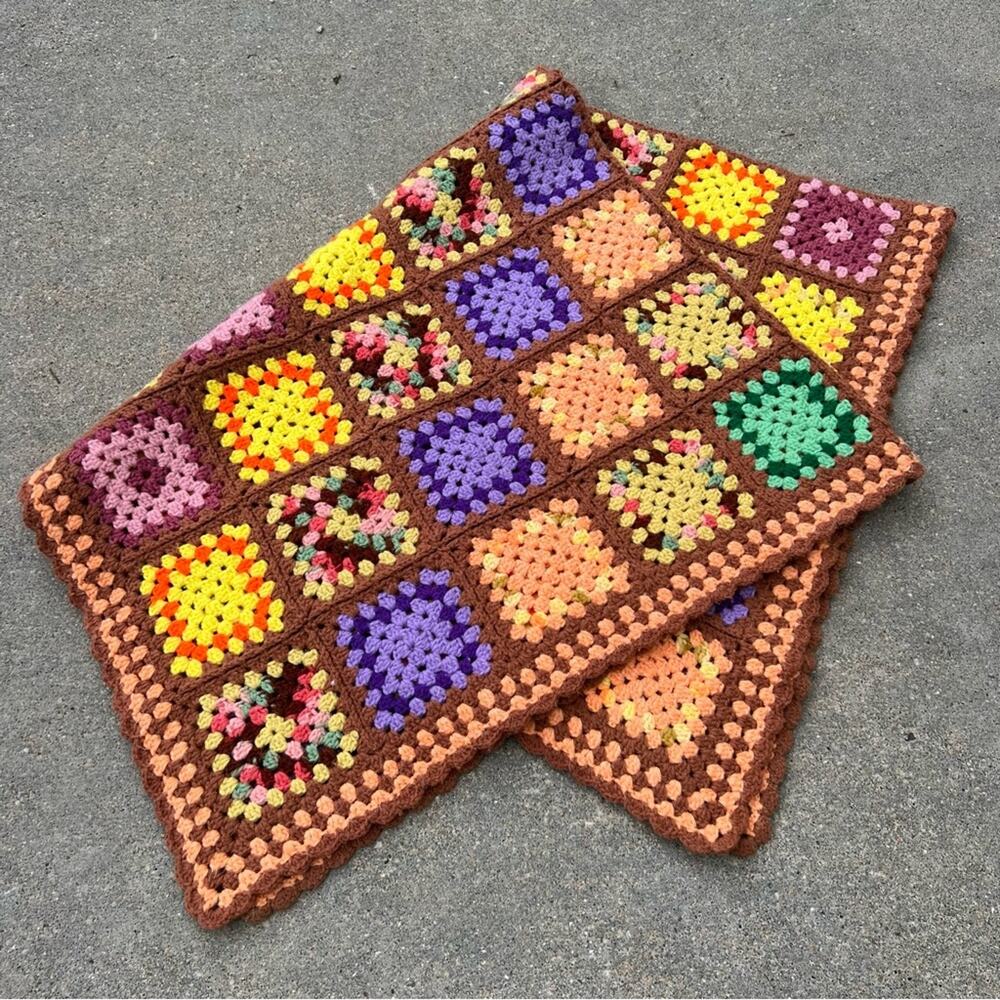 Vintage Crochet Granny Square Throw Blanket 46"x56"